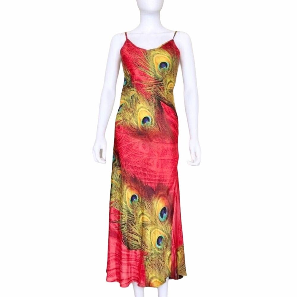 Maxi NWT Slip Nightgown Satin Stretch Peacock Red & Yellow Chamise Gown